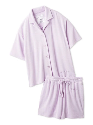 Lavender terry cloth button-down loungewear set with short sleeves and matching shorts, designed for comfort and style by Gelato Pique.