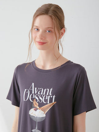 Model wearing COOL Rayon Avant Dessert Logo Relaxed Fit T-shirt from Gelato Pique USA, showcasing soft and comfy chic fashion.