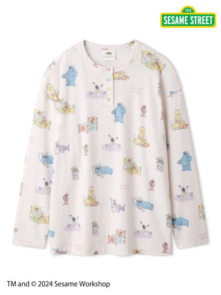 SESAME STREET all-over print pullover with Henley neck, featuring soft rayon-blend fabric and colorful character design.