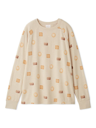 Biscuit Pattern Waffle Long Sleeve T-shirt with playful biscuit motifs on a beige background, perfect for cozy loungewear.