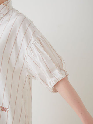 Resort woven striped shirt midi dress with elegant vertical stripes and puff sleeves, showcasing refined elegance by Gelato Pique USA.