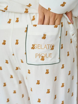 Close-up of Gelato Pique Variation Pajama Pants with teddy bear print and logo embroidery on back pocket, highlighting comfort and style.