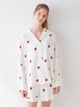  Strawberry Pattern Long Sleeve Sleepwear in off-white, Women's Loungewear long sleeve sleepwear at Gelato Pique USA