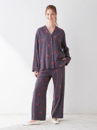  Strawberry Pattern Long Sleeve Sleepwear in navy, Women's Loungewear long sleeve sleepwear at Gelato Pique USA