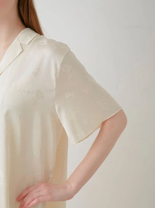 Flower Satin Pajama Sleep Shirt with delicate floral print and luxurious sheen, showcasing elegant short sleeve detail.