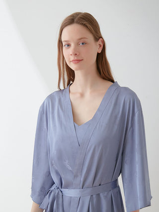 Elegant Flower Long Sleeve Satin Tie Nightgown Robe in soft blue, showcasing luxurious floral details for a sophisticated look.