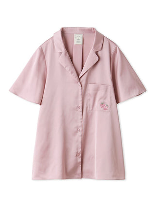 Pink Strawberry Embroidered Satin Sleep Shirt with button-up design and pocket detail for comfortable yet stylish sleepwear.