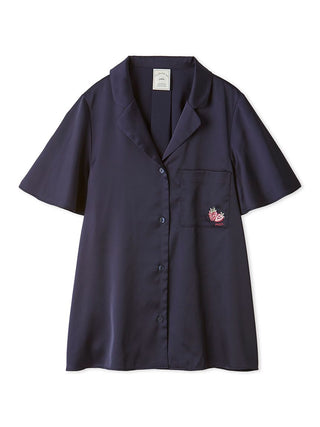 Elegant navy satin sleep shirt with strawberry embroidery and button-up design from Gelato Pique, offering comfort and style.