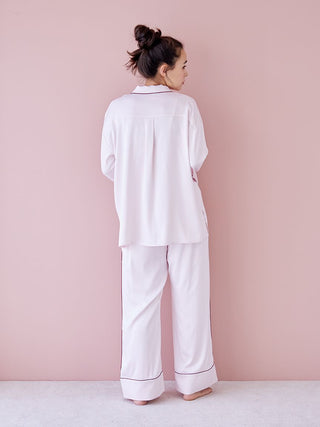 Model wearing Piping Satin Long Sleeve Pajama Shirt with sophisticated piping detail, showcasing luxurious loungewear style.