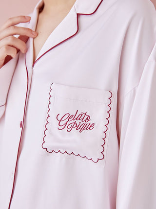 Piping Satin Long Sleeve Pajama Shirt with embroidered pocket detail, elegant piping on collar and cuffs, luxurious silky fabric.
