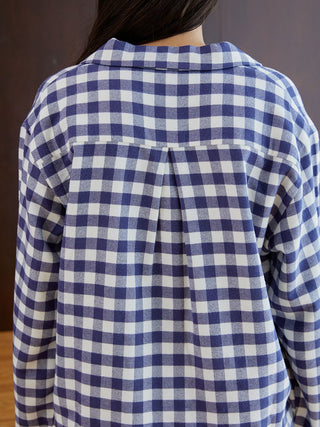 Back view of Gelato Pique's checkered long sleeve sleep shirt, showcasing timeless style and comfort in blue and white plaid fabric.