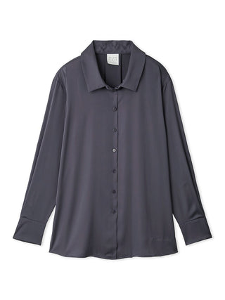 Long Sleeve Satin Sleepwear Blouse with button-up design and pointed collar in sleek black, ideal for elegant and comfortable lounging.
