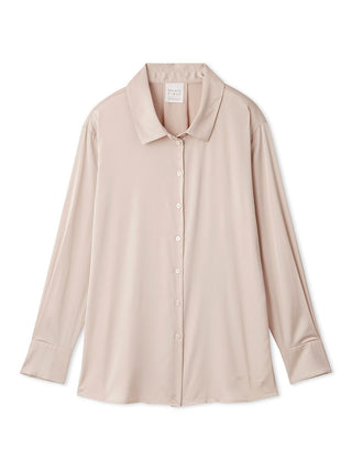 Long sleeve satin sleepwear blouse with button-up design and pointed collar, shown in beige color against white background.