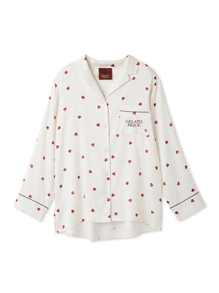 Heart pattern satin pajama shirt by Gelato Pique USA, featuring a chest pocket, long sleeves, and button-up design for luxurious comfort.