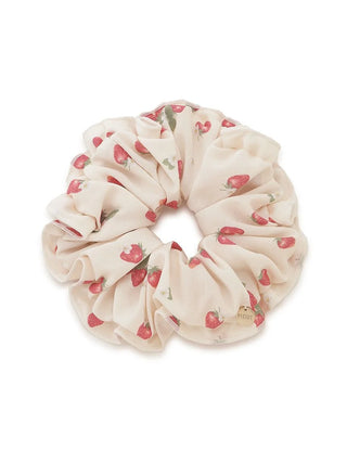 Premium loungewear Strawberry Motif Frill Hair Scrunchie by Gelato Pique USA, off-white with gold glittering logo, adult girly style.