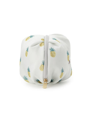 Airy chiffon pouch with pineapple motif, fluffy round shape, and wide zipper, perfect for stylish summertime organization.