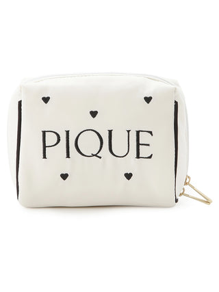 White satin pouch with heart pattern and embroidered logo, ideal for chic organization.