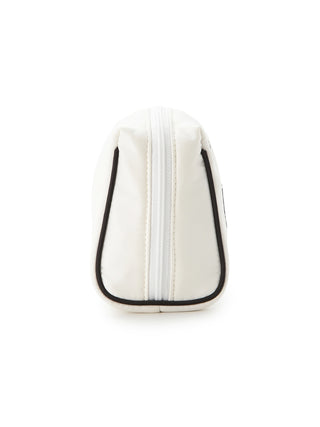 Side view of white satin pouch with black trim and zip closure, featuring chic heart pattern logo for stylish organization.