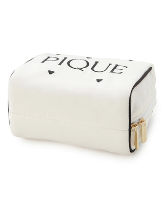 Chic satin pouch with heart logo pattern, featuring dual zippers; ideal for stylish storage and organization.