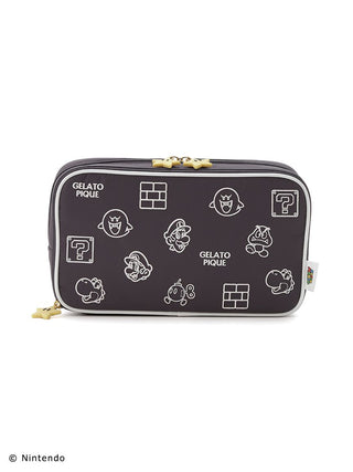 Super Mario pouch in dark gray featuring ally and enemy characters with double zipper design.