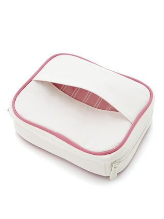 Off-white square tissue pouch with dusty pink trim, showcasing chic travel logo design. Ideal for stylish and functional use.