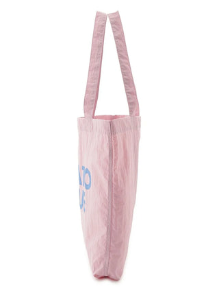 Gelato Pique pastel pink tote bag with blue text, side view