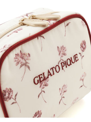 Rose Patterned Square Pouch by GELATO PIQUE with elegant vintage floral design on off-white background, featuring zipper and branding.