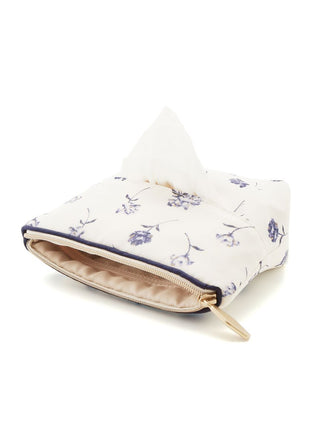 Rose patterned tissue pouch with zip closure, featuring floral designs in muted pink and grey, showcasing elegance and functionality.