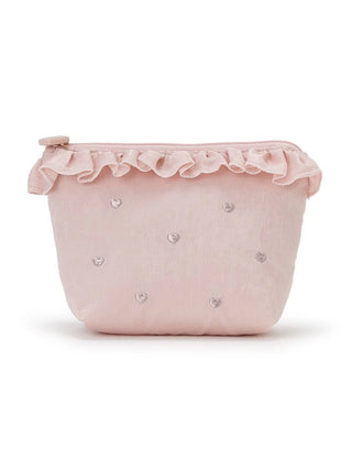 Blush pink tissue pouch with embroidered silver hearts and frill detailing, perfect for elegance and practicality.