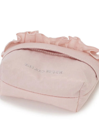 Blush pink heart-embroidered frill tissue pouch with ruffled edges, featuring elegant silver heart details.