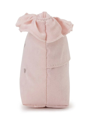 Blush pink heart embroidered frill tissue pouch with elegant silver hearts and ruffled border, side view.