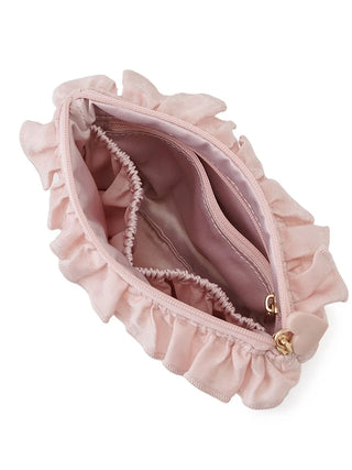 Heart Embroidered Frill Tissue Pouch interior view, blush pink fabric, ruffled edges, spacious compartments for daily essentials.