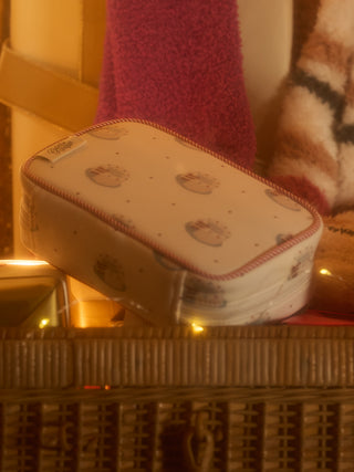 Bear Motif Pouch with playful design, featuring a sturdy, chic accessory for organized essentials, surrounded by cozy fabrics.