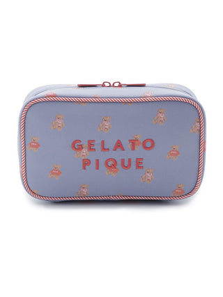 Bear motif pouch in blue with red striped and cozy outfits, featuring 'Gelato Pique' text, perfect for organizing essentials.