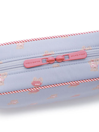Bear Motif Pouch with striped and red-dressed bears on a blue background, features pink zipper, perfect for organizing essentials.