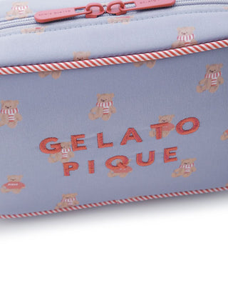 Bear motif pouch with 'Gelato Pique' text, featuring bears in striped outfits on a light blue background.