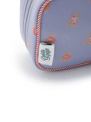 Close-up of Bear Motif Pouch with teddy bear design and striped trim, showcasing brand label, perfect for stylish organization.
