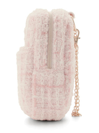 Side view of a pastel pink checkered square pouch with a zip closure and chain detail, showcasing soft, plush texture and stylish design.