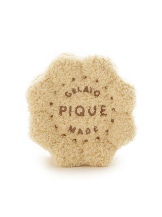 Charming Gelato Pique Biscuit Pouch in plush beige fabric, shaped like a biscuit with cozy teddy bear texture.