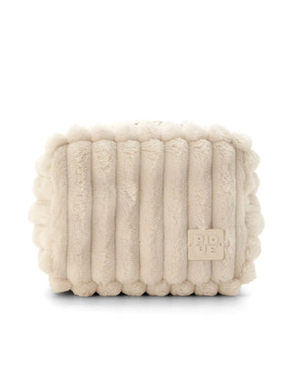 Cozy Ribbed Zipper Pouch with soft faux fur and ribbed texture, ideal for versatile use, shown in creamy neutral color.