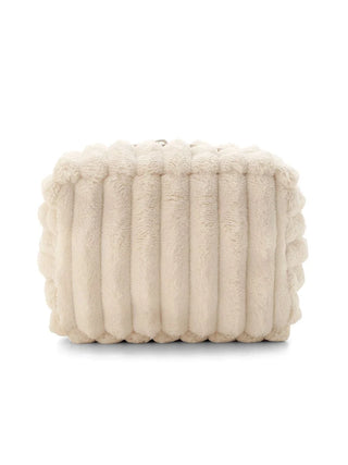 Cozy Ribbed Zipper Pouch with soft faux fur and elegant ribbed pattern in creamy neutral color for travel or daily use.