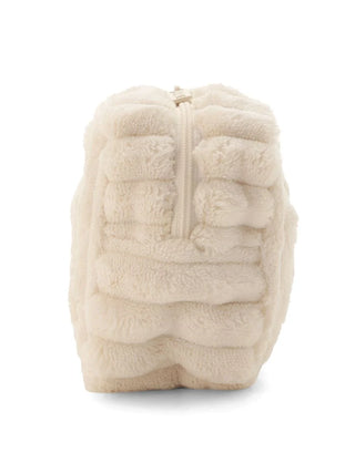 Cozy Ribbed Zipper Pouch with faux fur texture and ribbed pattern, neutral color ideal for versatile use. Suitable for travel or daily.