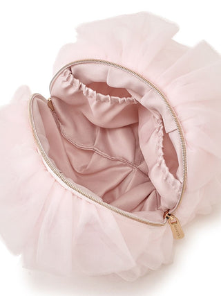 Pink tulle pouch with zipper, showcasing soft fabric and compartments for stylish storage of makeup or jewelry.