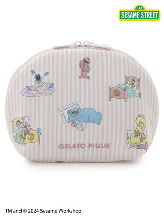 Sesame Street character cosmetic pouch with pastel bedtime scenes and vertical stripes.