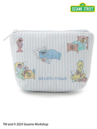 Sesame Street character zipper pouch with bedtime illustrations, light blue striped design, featuring iconic characters.