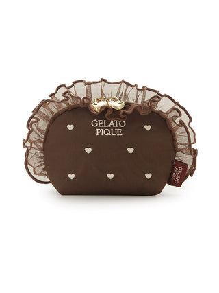 Heart Embroidery Tulle Pouch by Gelato Pique USA with delicate heart design and soft ruffle details, ideal for accessories and cosmetics.