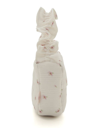 Side view of SPRING SAKURA Motif Tissue Pouch with cherry blossom pattern, frilled handle, by Gelato Pique USA, Premium Loungewear.