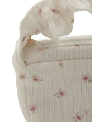 SPRING SAKURA motif tissue pouch by Gelato Pique USA, featuring cherry blossom pattern and frilled handle; premium loungewear style.