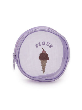 Purple round pouch with ice cream embroidery and cute pull handle, perfect for holding small items like lip balm and earphones.