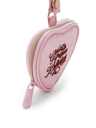Heart-shaped pink pouch with "Gelato Pique Holiday" embroidery, ideal for small items. Soft, durable material with a zipper closure.